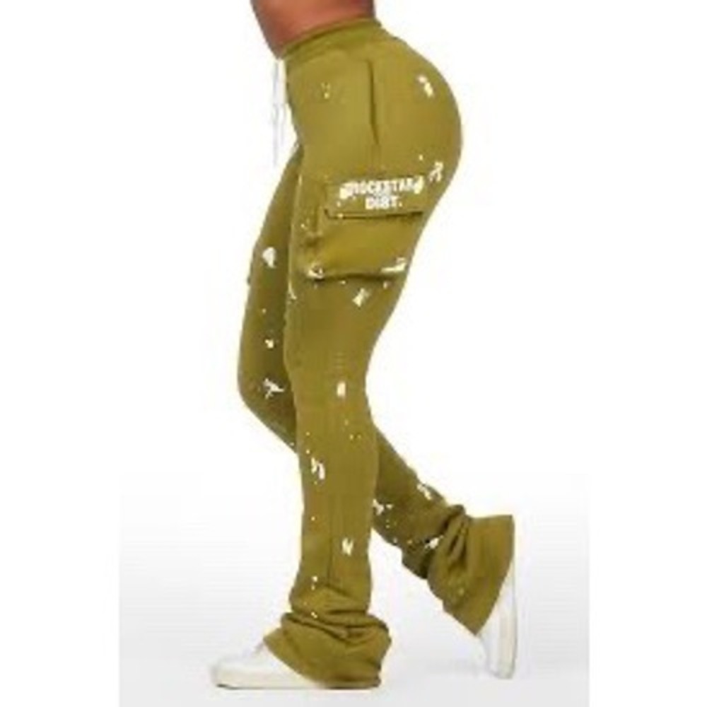 Rockstar Original Dist Womens XL Green Paint Splatter Stacked Cargo Sweatpants